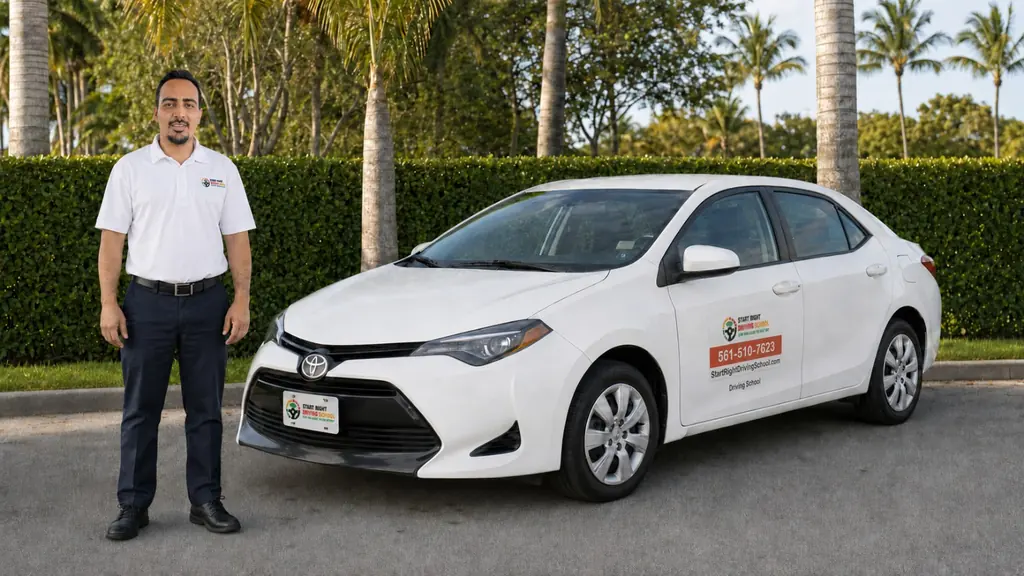 Edward junto al vehículo de práctica de Start Right Driving School